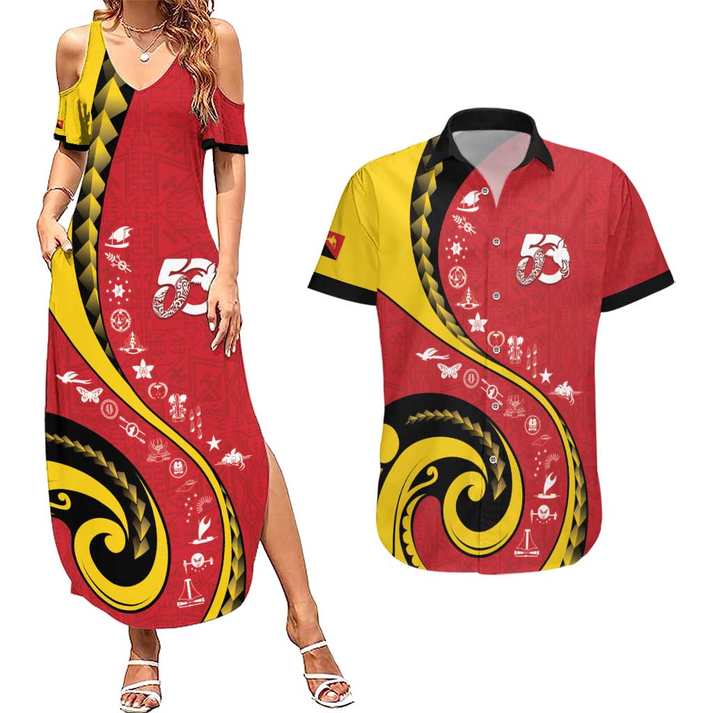 Papua New Guinea 50th Independence Anniversary Couples Matching Summer Maxi Dress and Hawaiian Shirt Special Style Red Version LT05 Red - Polynesian Pride