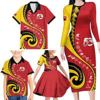 Papua New Guinea 50th Independence Anniversary Family Matching Long Sleeve Bodycon Dress and Hawaiian Shirt Special Style Red Version LT05 - Polynesian Pride
