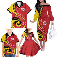 Papua New Guinea 50th Independence Anniversary Family Matching Off The Shoulder Long Sleeve Dress and Hawaiian Shirt Special Style Red Version LT05 - Polynesian Pride