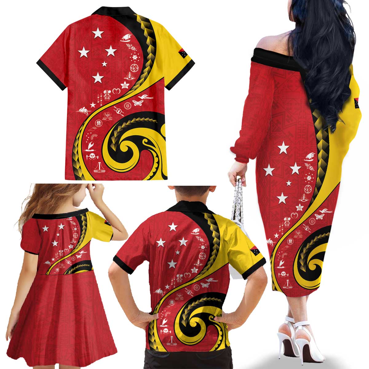 Papua New Guinea 50th Independence Anniversary Family Matching Off The Shoulder Long Sleeve Dress and Hawaiian Shirt Special Style Red Version LT05 - Polynesian Pride