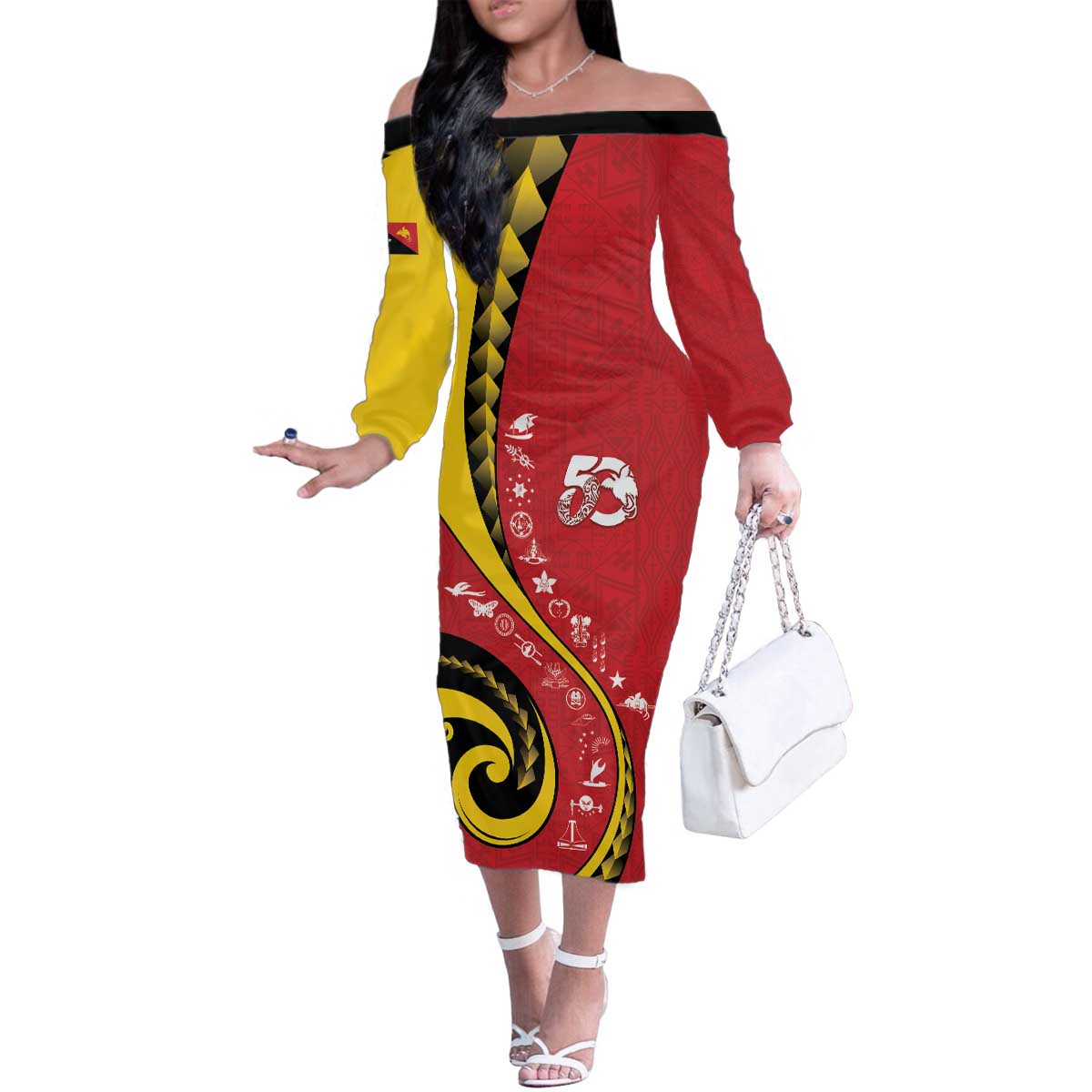 Papua New Guinea 50th Independence Anniversary Family Matching Off The Shoulder Long Sleeve Dress and Hawaiian Shirt Special Style Red Version LT05 Mom's Dress Red - Polynesian Pride