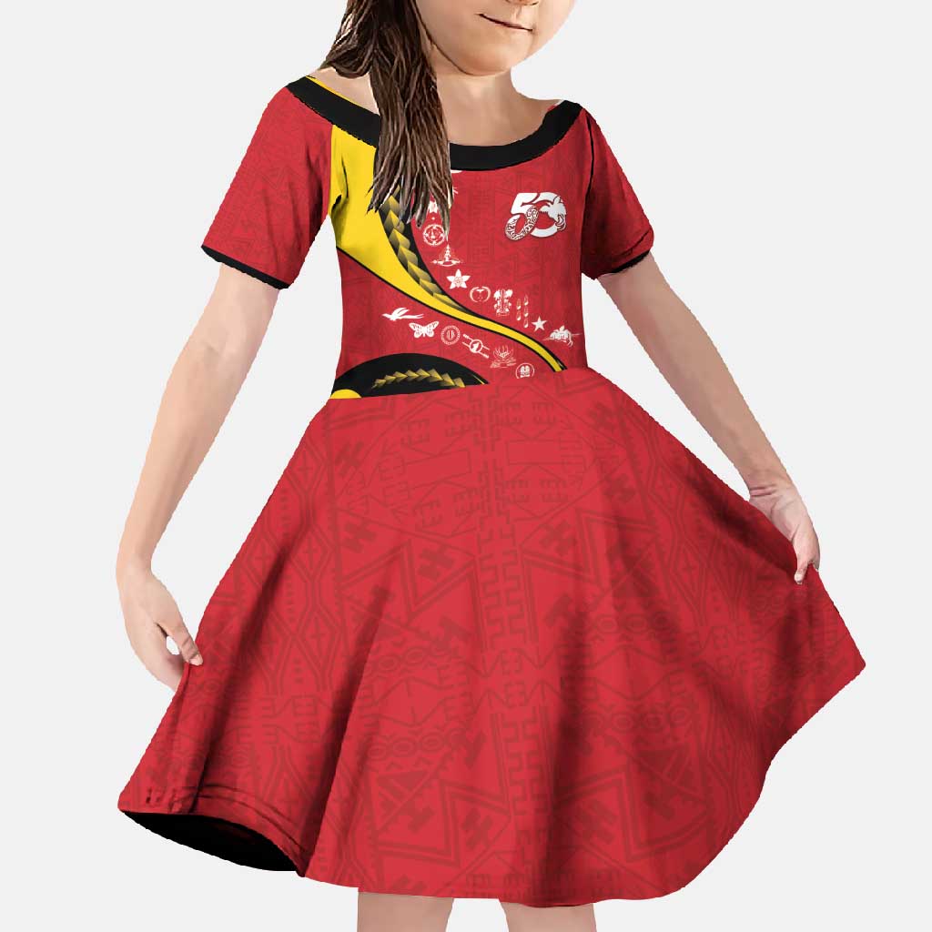 Papua New Guinea 50th Independence Anniversary Family Matching Off Shoulder Maxi Dress and Hawaiian Shirt Special Style Red Version LT05 Daughter's Dress Red - Polynesian Pride