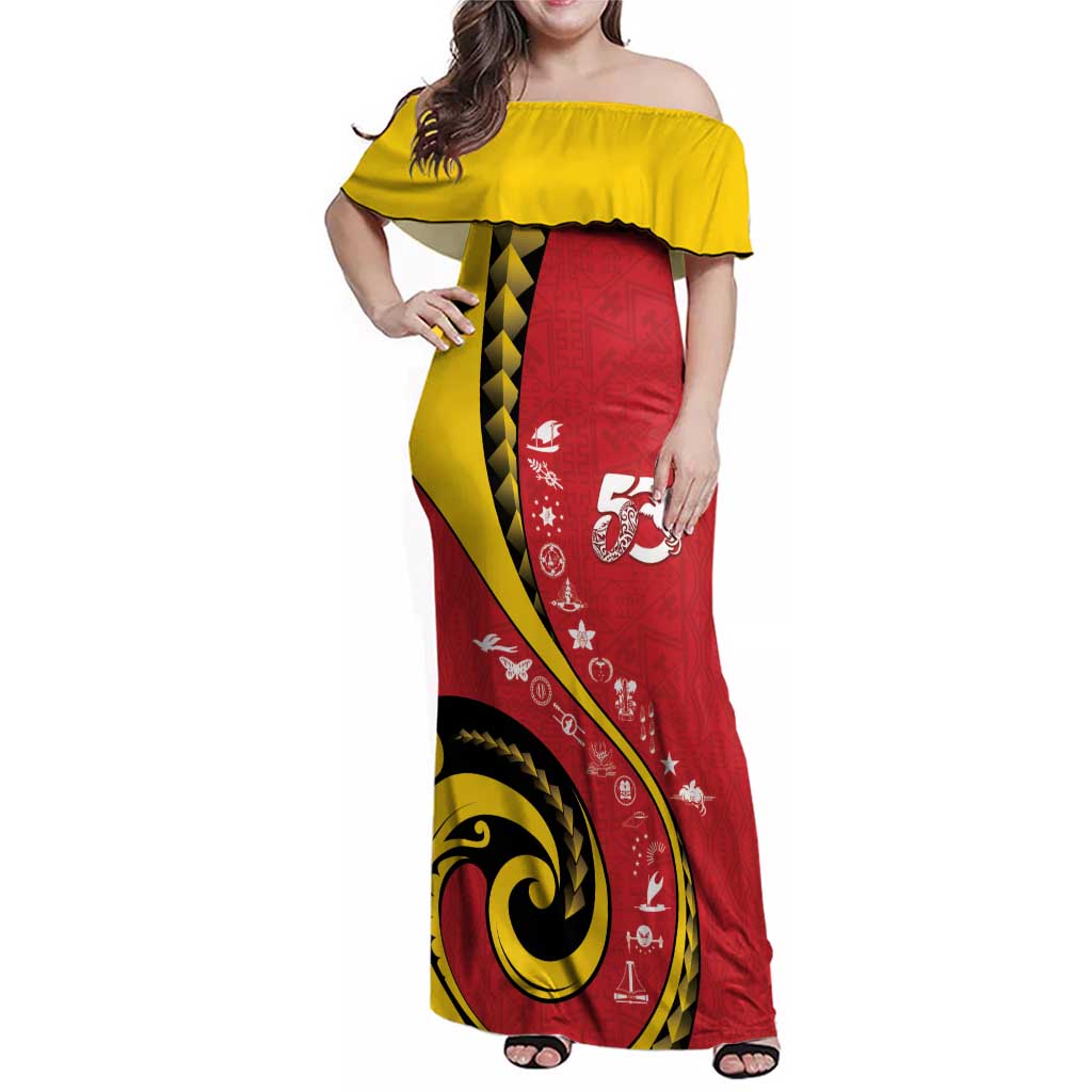 Papua New Guinea 50th Independence Anniversary Family Matching Off Shoulder Maxi Dress and Hawaiian Shirt Special Style Red Version LT05 Mom's Dress Red - Polynesian Pride