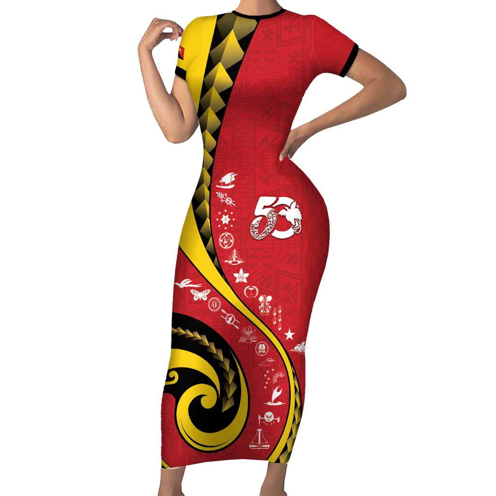 Papua New Guinea 50th Independence Anniversary Family Matching Short Sleeve Bodycon Dress and Hawaiian Shirt Special Style Red Version LT05 Mom's Dress Red - Polynesian Pride
