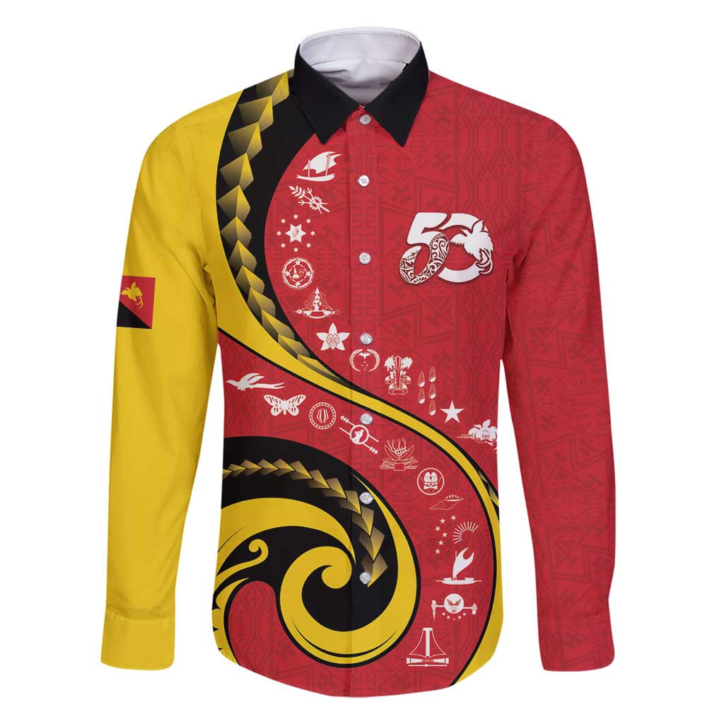 Papua New Guinea 50th Independence Anniversary Family Matching Summer Maxi Dress and Hawaiian Shirt Special Style Red Version LT05 Dad's Shirt - Long Sleeve Red - Polynesian Pride