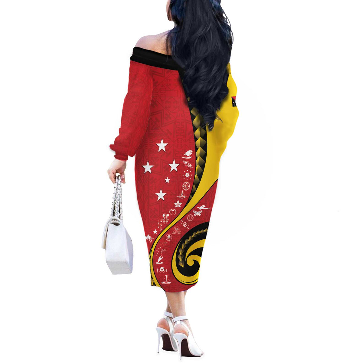 Papua New Guinea 50th Independence Anniversary Off The Shoulder Long Sleeve Dress Special Style Red Version - Polynesian Pride