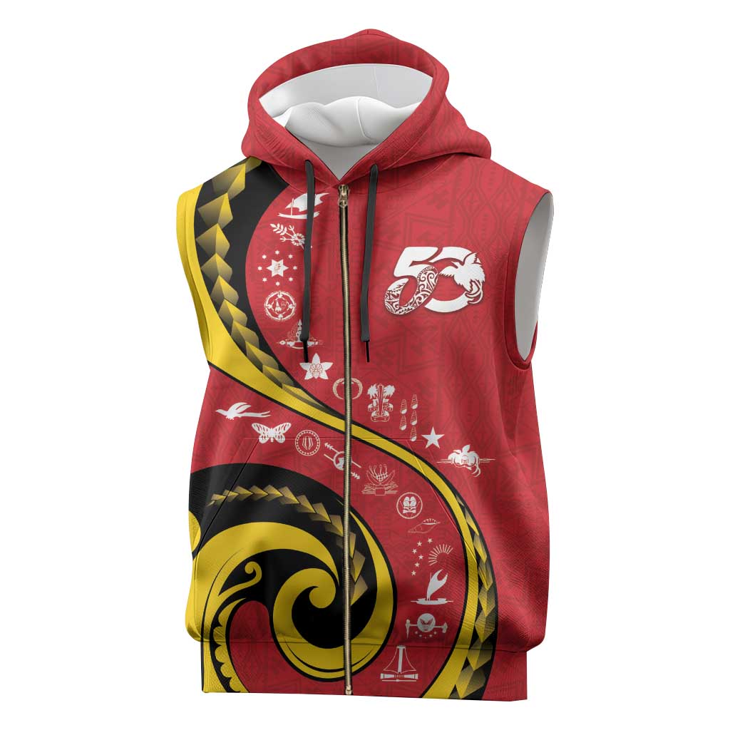 Papua New Guinea 50th Independence Anniversary Sleeveless Zip Hoodie Special Style Red Version - Polynesian Pride