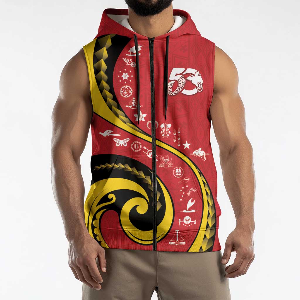 Papua New Guinea 50th Independence Anniversary Sleeveless Zip Hoodie Special Style Red Version - Polynesian Pride
