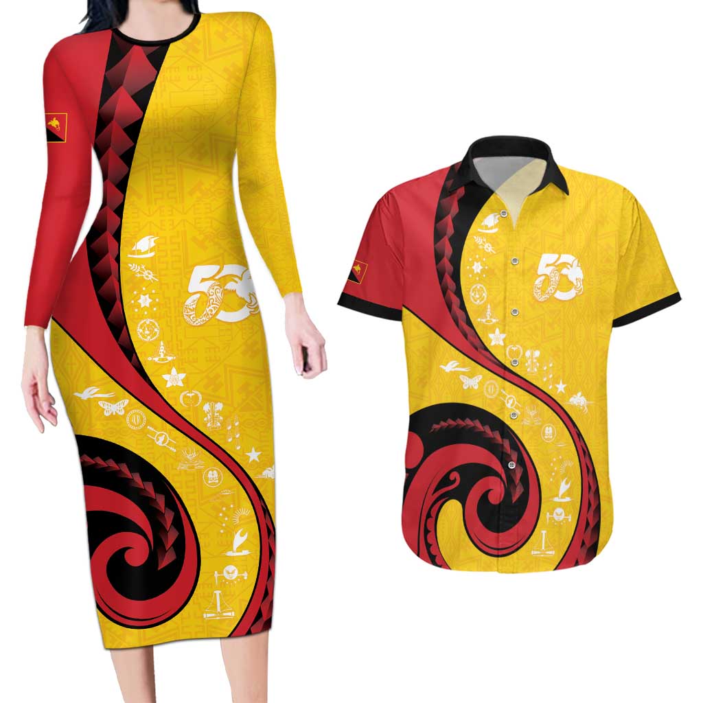 Papua New Guinea 50th Independence Anniversary Couples Matching Long Sleeve Bodycon Dress and Hawaiian Shirt Special Style Yellow Version LT05 Yellow - Polynesian Pride