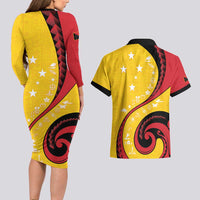 Papua New Guinea 50th Independence Anniversary Couples Matching Long Sleeve Bodycon Dress and Hawaiian Shirt Special Style Yellow Version LT05 - Polynesian Pride