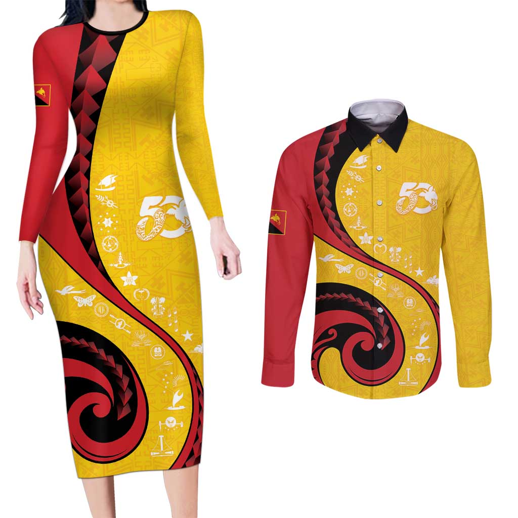 Papua New Guinea 50th Independence Anniversary Couples Matching Long Sleeve Bodycon Dress and Long Sleeve Button Shirt Special Style Yellow Version LT05 Yellow - Polynesian Pride