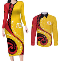 Papua New Guinea 50th Independence Anniversary Couples Matching Long Sleeve Bodycon Dress and Long Sleeve Button Shirt Special Style Yellow Version LT05 Yellow - Polynesian Pride