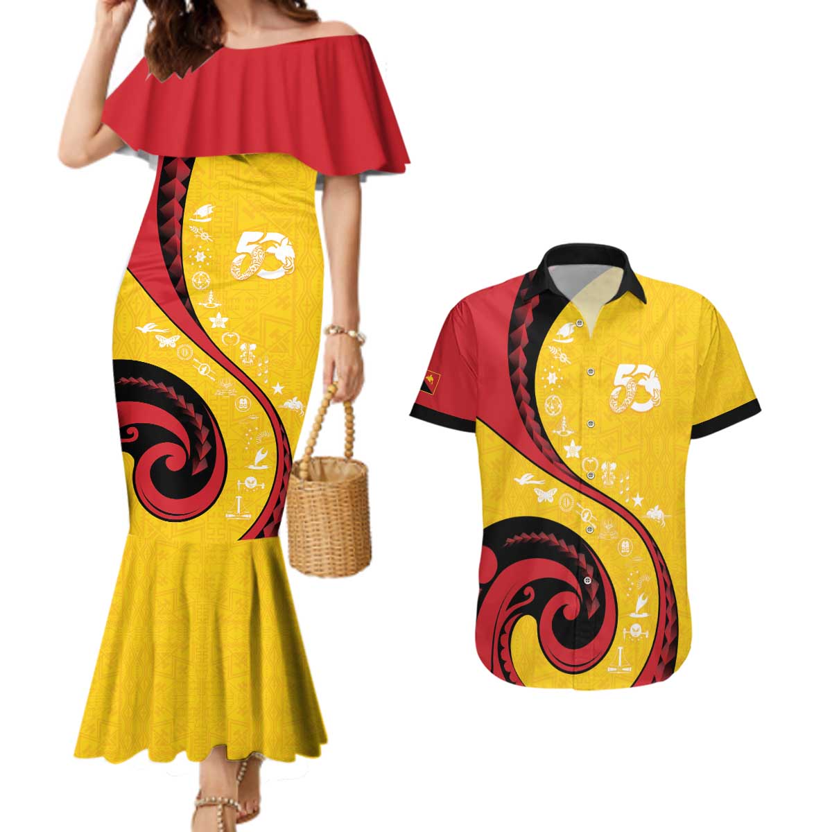 Papua New Guinea 50th Independence Anniversary Couples Matching Mermaid Dress and Hawaiian Shirt Special Style Yellow Version LT05 Yellow - Polynesian Pride