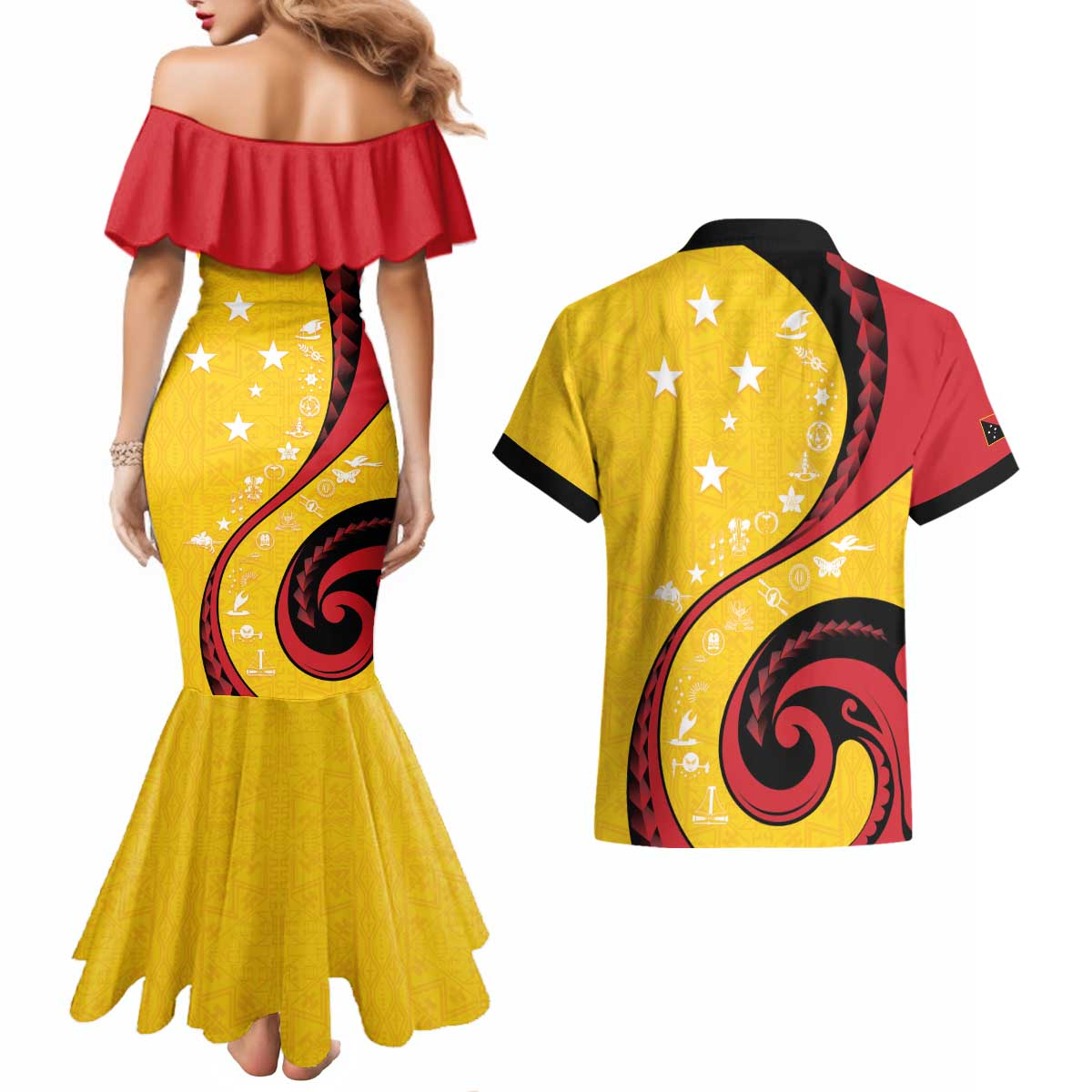 Papua New Guinea 50th Independence Anniversary Couples Matching Mermaid Dress and Hawaiian Shirt Special Style Yellow Version LT05 - Polynesian Pride