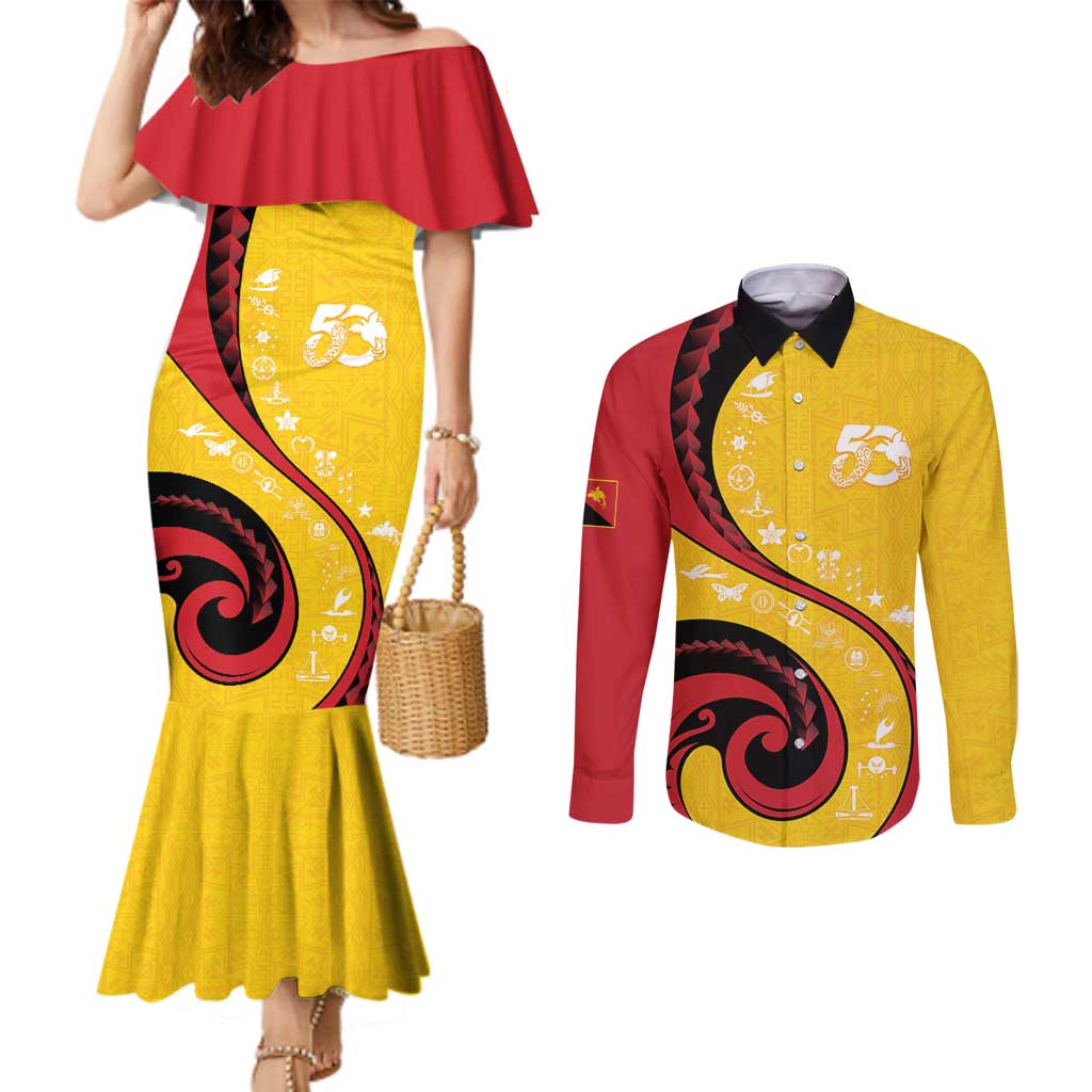 Papua New Guinea 50th Independence Anniversary Couples Matching Mermaid Dress and Long Sleeve Button Shirt Special Style Yellow Version LT05 Yellow - Polynesian Pride