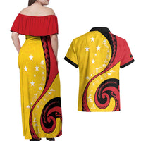 Papua New Guinea 50th Independence Anniversary Couples Matching Off Shoulder Maxi Dress and Hawaiian Shirt Special Style Yellow Version LT05 - Polynesian Pride
