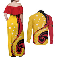Papua New Guinea 50th Independence Anniversary Couples Matching Off Shoulder Maxi Dress and Long Sleeve Button Shirt Special Style Yellow Version LT05 - Polynesian Pride