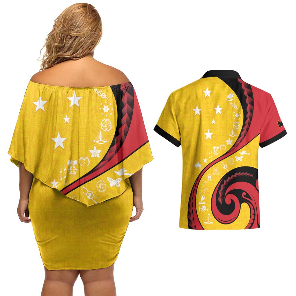 Papua New Guinea 50th Independence Anniversary Couples Matching Off Shoulder Short Dress and Hawaiian Shirt Special Style Yellow Version LT05 - Polynesian Pride