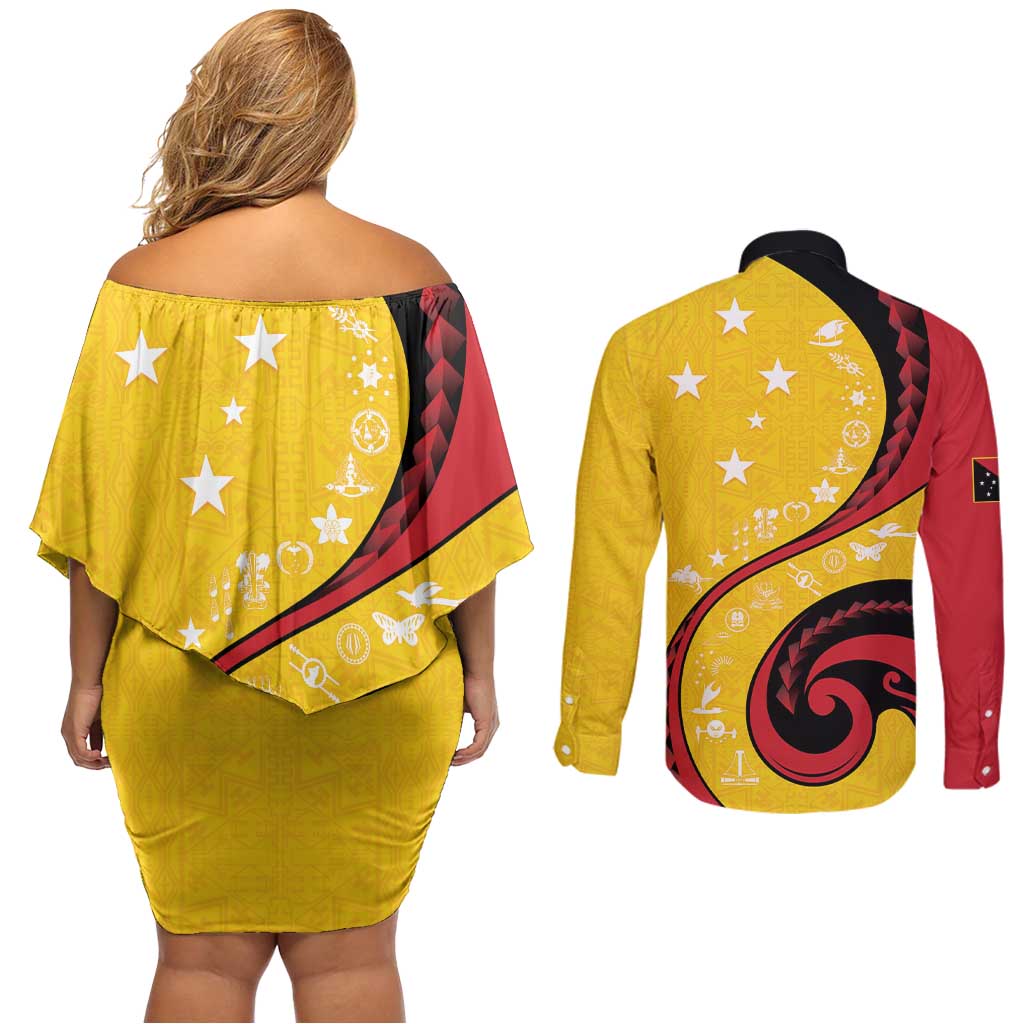 Papua New Guinea 50th Independence Anniversary Couples Matching Off Shoulder Short Dress and Long Sleeve Button Shirt Special Style Yellow Version LT05 - Polynesian Pride