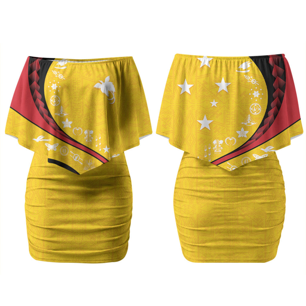 Papua New Guinea Independence Couples Matching Off Shoulder Short Dress and Long Sleeve Button Shirt Special Style Yellow Version LT05 - Polynesian Pride