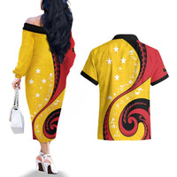 Papua New Guinea 50th Independence Anniversary Couples Matching Off The Shoulder Long Sleeve Dress and Hawaiian Shirt Special Style Yellow Version LT05 - Polynesian Pride