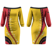 Papua New Guinea Independence Couples Matching Off The Shoulder Long Sleeve Dress and Long Sleeve Button Shirt Special Style Yellow Version LT05 - Polynesian Pride