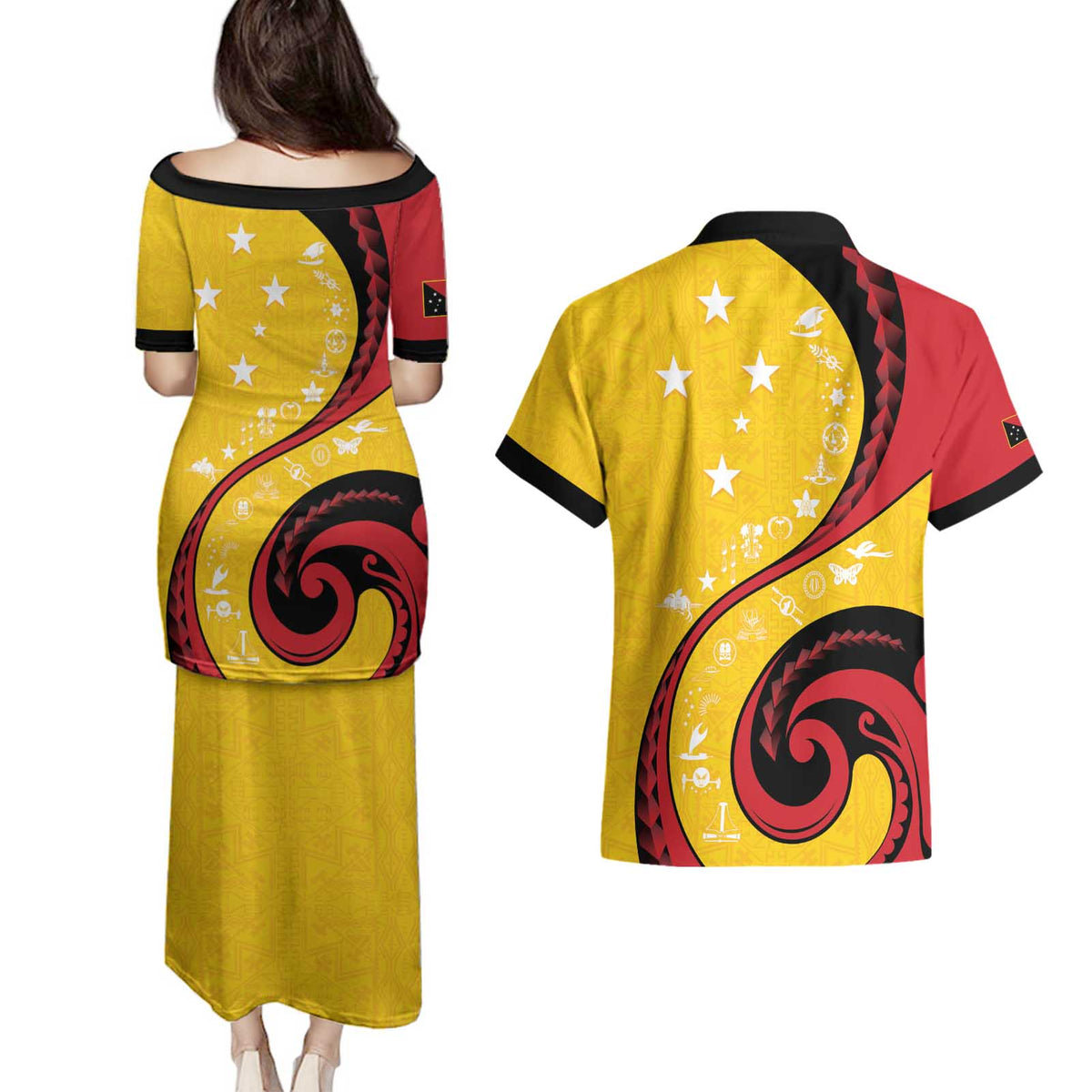 Papua New Guinea 50th Independence Anniversary Couples Matching Puletasi and Hawaiian Shirt Special Style Yellow Version LT05 - Polynesian Pride