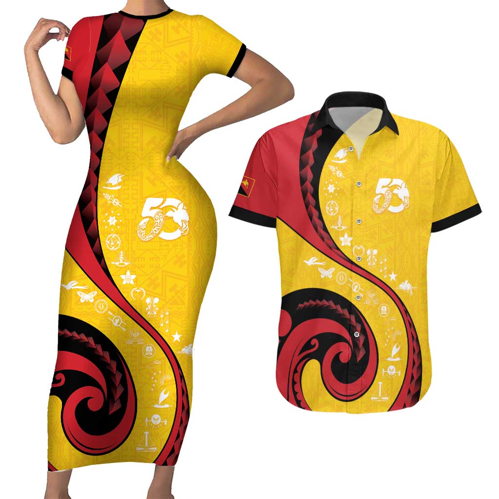 Papua New Guinea 50th Independence Anniversary Couples Matching Short Sleeve Bodycon Dress and Hawaiian Shirt Special Style Yellow Version LT05 Yellow - Polynesian Pride
