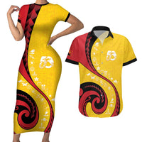 Papua New Guinea 50th Independence Anniversary Couples Matching Short Sleeve Bodycon Dress and Hawaiian Shirt Special Style Yellow Version LT05 Yellow - Polynesian Pride