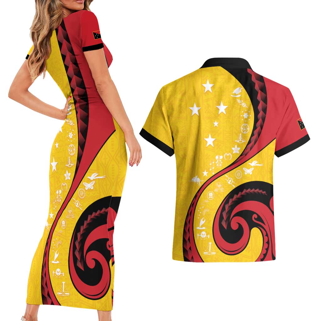 Papua New Guinea 50th Independence Anniversary Couples Matching Short Sleeve Bodycon Dress and Hawaiian Shirt Special Style Yellow Version LT05 - Polynesian Pride