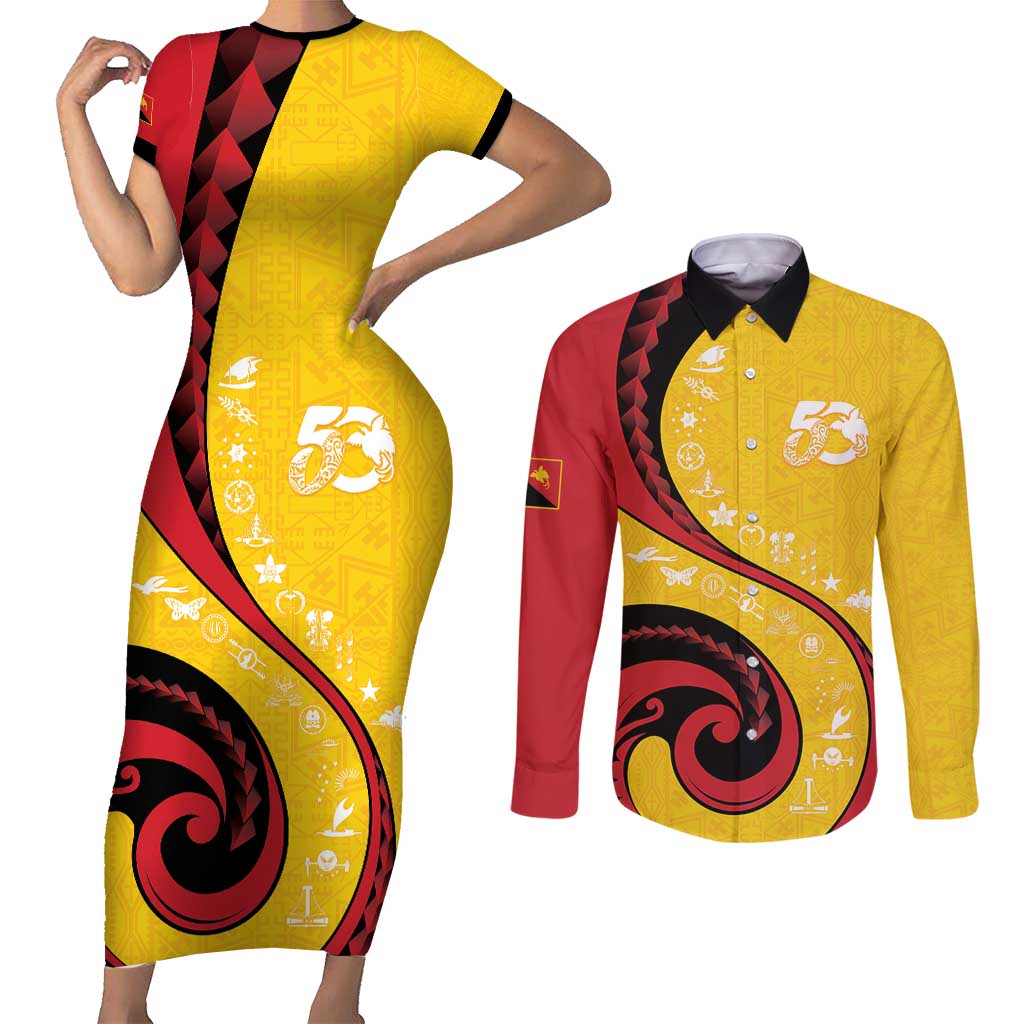 Papua New Guinea 50th Independence Anniversary Couples Matching Short Sleeve Bodycon Dress and Long Sleeve Button Shirt Special Style Yellow Version LT05 Yellow - Polynesian Pride