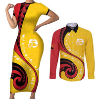 Papua New Guinea 50th Independence Anniversary Couples Matching Short Sleeve Bodycon Dress and Long Sleeve Button Shirt Special Style Yellow Version LT05 Yellow - Polynesian Pride