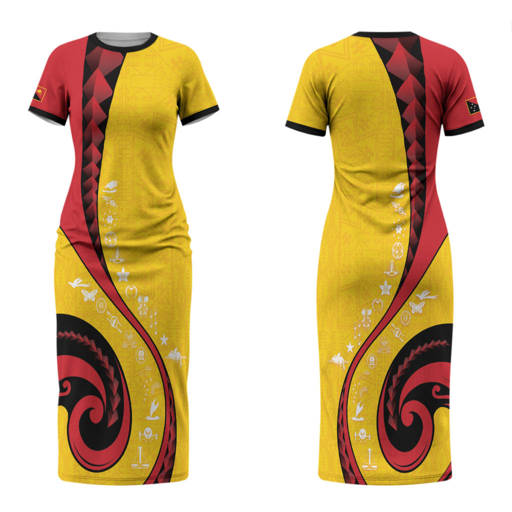 Papua New Guinea Independence Couples Matching Short Sleeve Bodycon Dress and Long Sleeve Button Shirt Special Style Yellow Version LT05 - Polynesian Pride