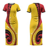 Papua New Guinea Independence Couples Matching Short Sleeve Bodycon Dress and Long Sleeve Button Shirt Special Style Yellow Version LT05 - Polynesian Pride