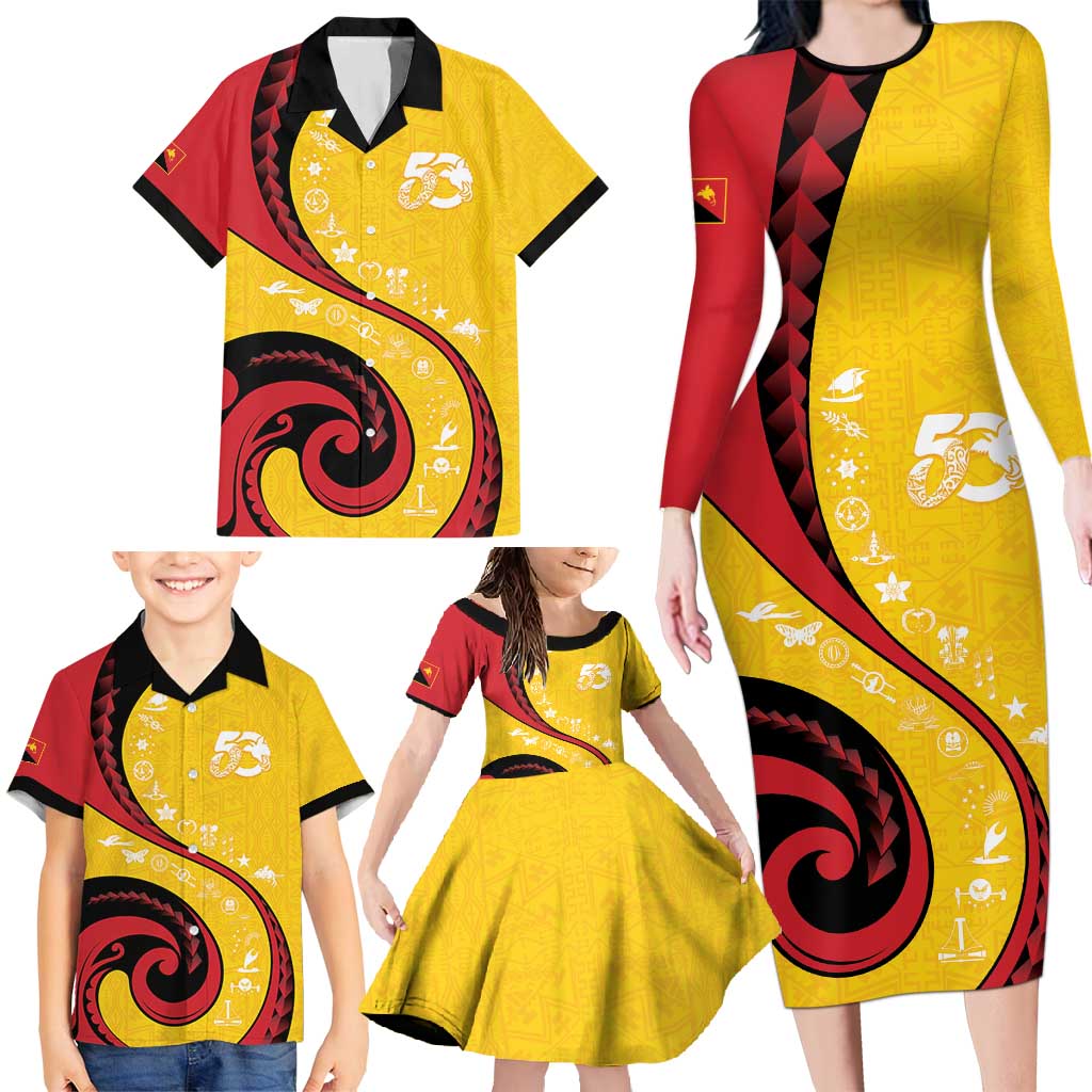 Papua New Guinea 50th Independence Anniversary Family Matching Long Sleeve Bodycon Dress and Hawaiian Shirt Special Style Yellow Version LT05 - Polynesian Pride