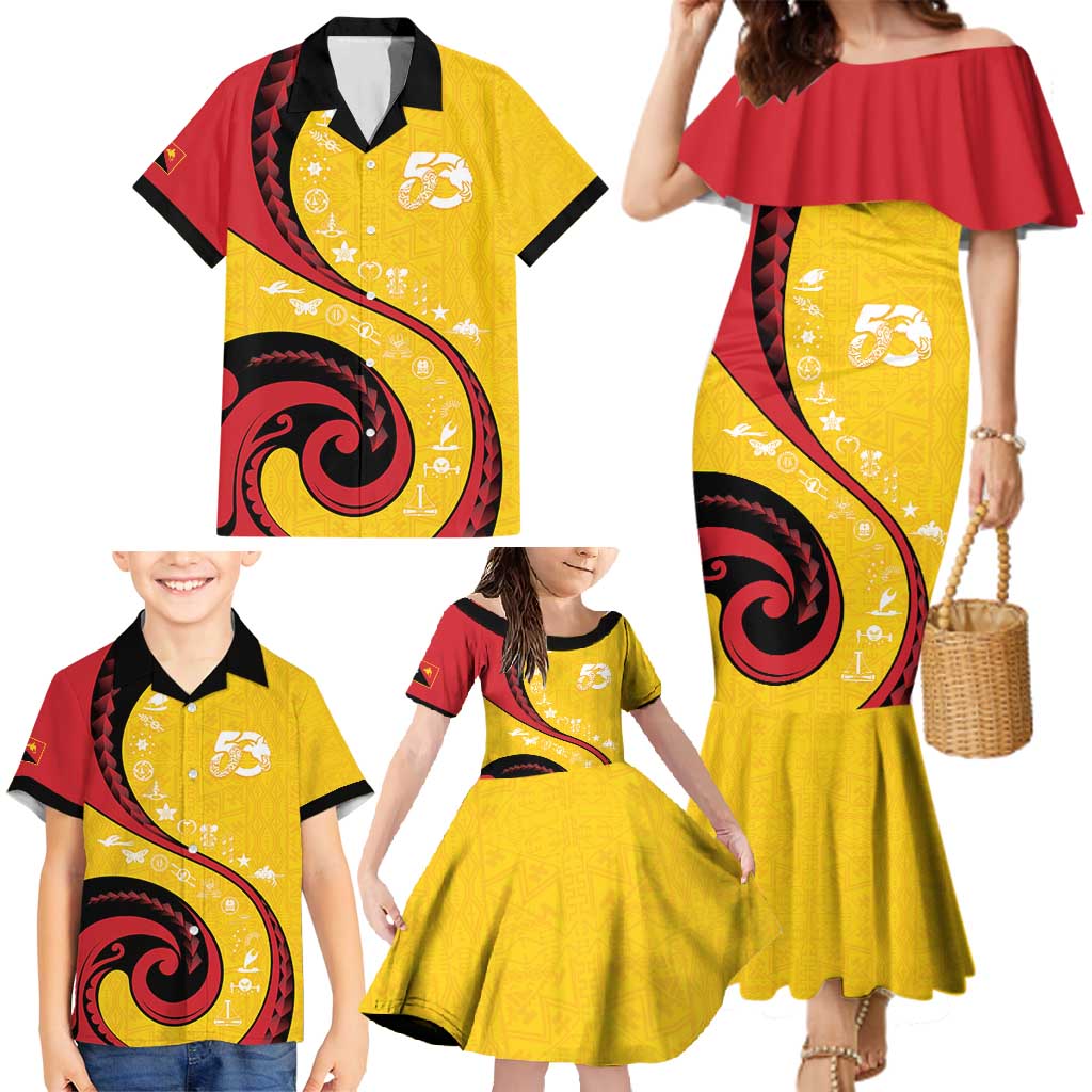 Papua New Guinea 50th Independence Anniversary Family Matching Mermaid Dress and Hawaiian Shirt Special Style Yellow Version LT05 - Polynesian Pride