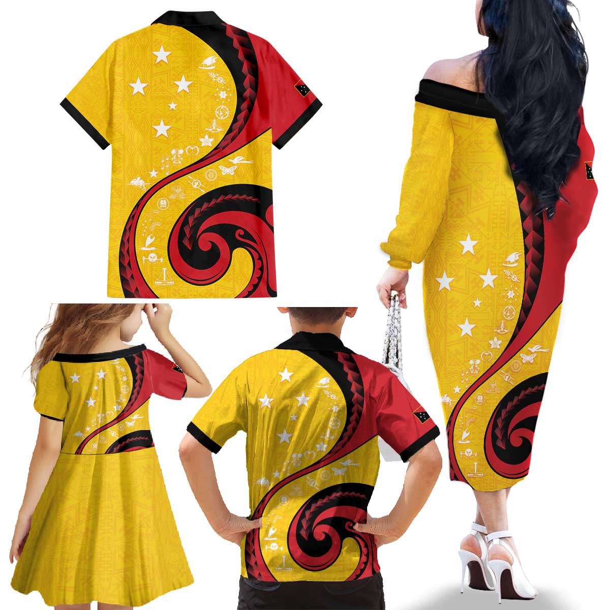 Papua New Guinea 50th Independence Anniversary Family Matching Off The Shoulder Long Sleeve Dress and Hawaiian Shirt Special Style Yellow Version LT05 - Polynesian Pride