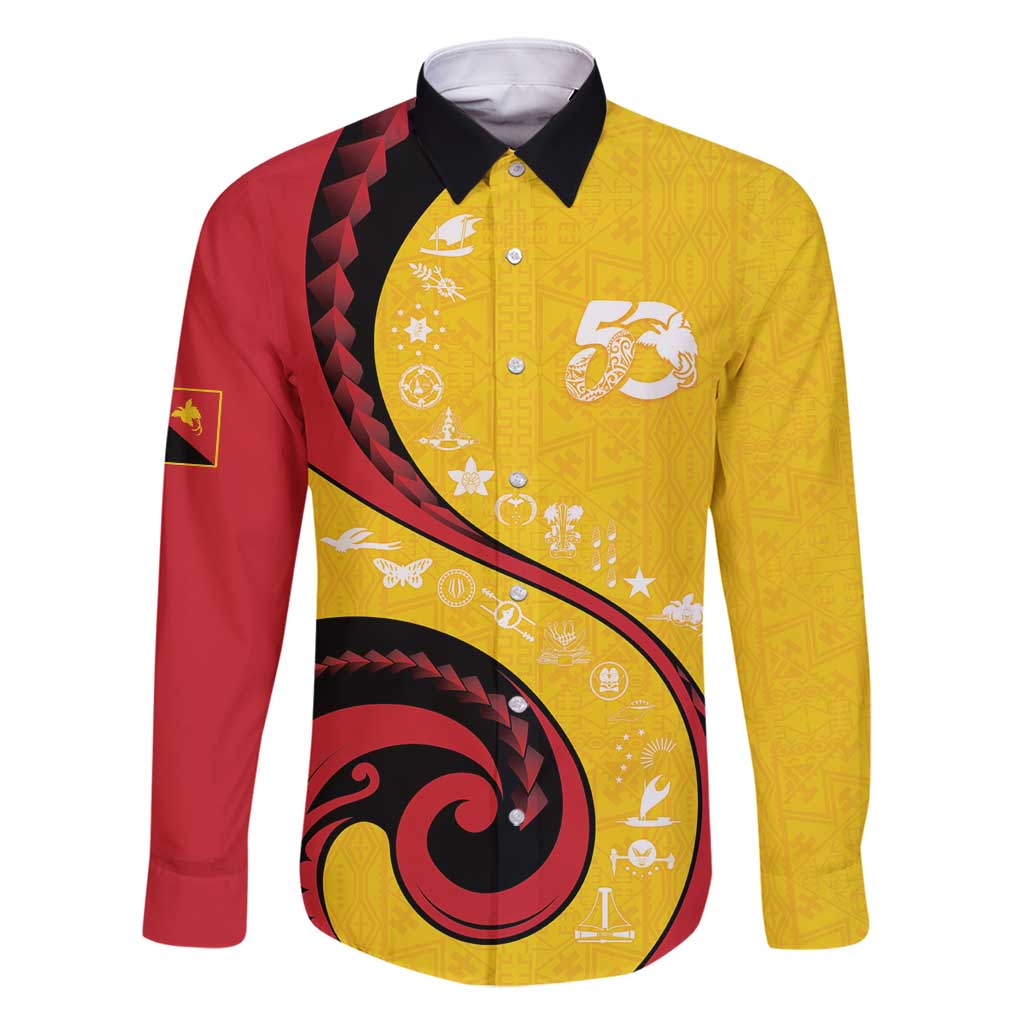 Papua New Guinea 50th Independence Anniversary Family Matching Off Shoulder Maxi Dress and Hawaiian Shirt Special Style Yellow Version LT05 Dad's Shirt - Long Sleeve Yellow - Polynesian Pride
