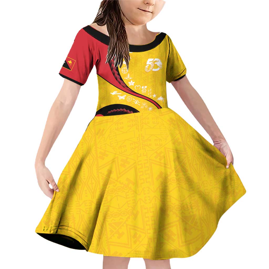 Papua New Guinea 50th Independence Anniversary Family Matching Off Shoulder Short Dress and Hawaiian Shirt Special Style Yellow Version LT05 Daughter's Dress Yellow - Polynesian Pride