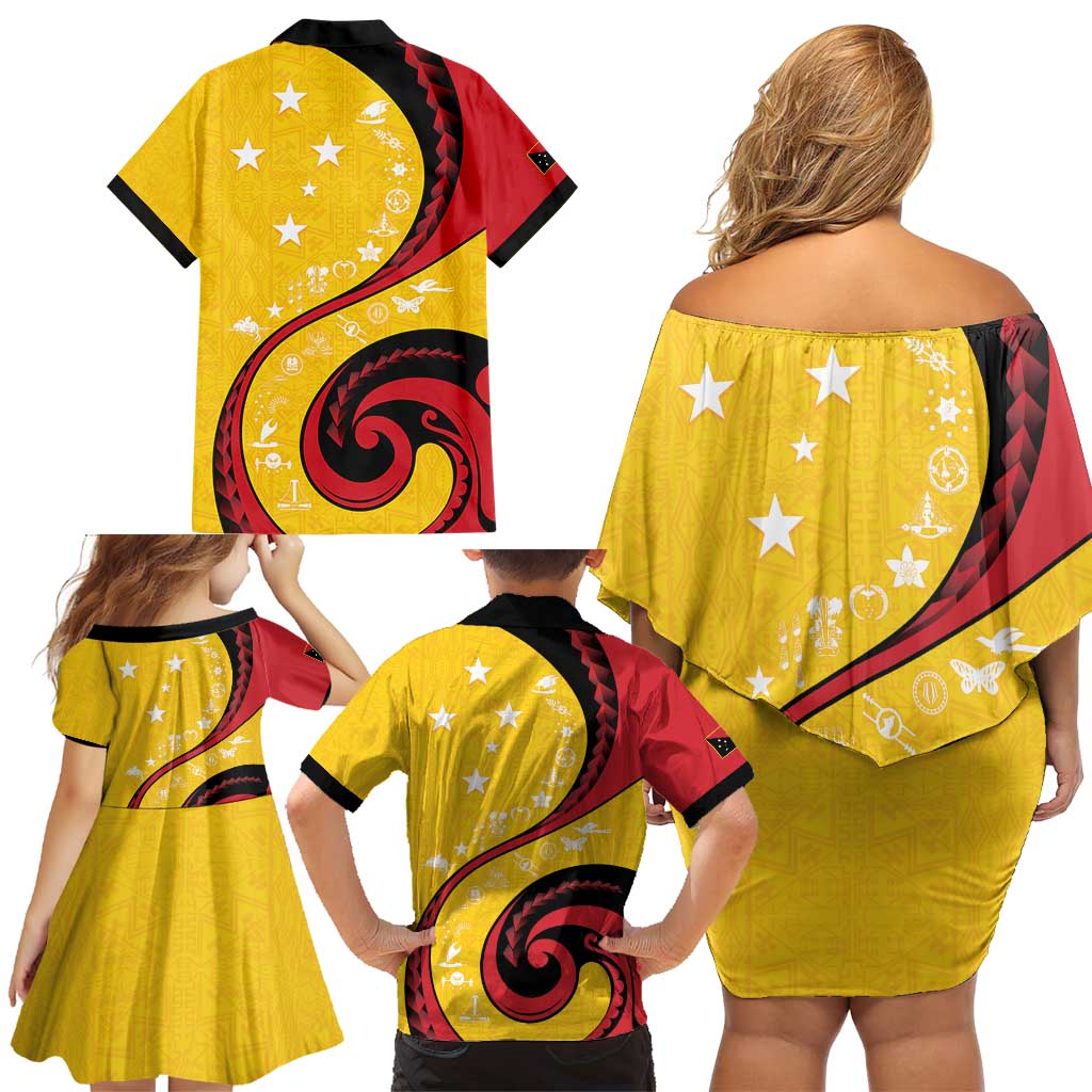 Papua New Guinea 50th Independence Anniversary Family Matching Off Shoulder Short Dress and Hawaiian Shirt Special Style Yellow Version LT05 - Polynesian Pride
