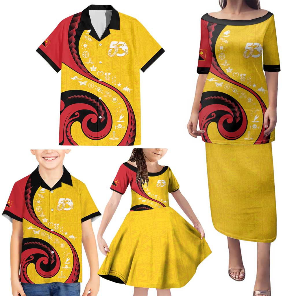 Papua New Guinea 50th Independence Anniversary Family Matching Puletasi and Hawaiian Shirt Special Style Yellow Version LT05 - Polynesian Pride