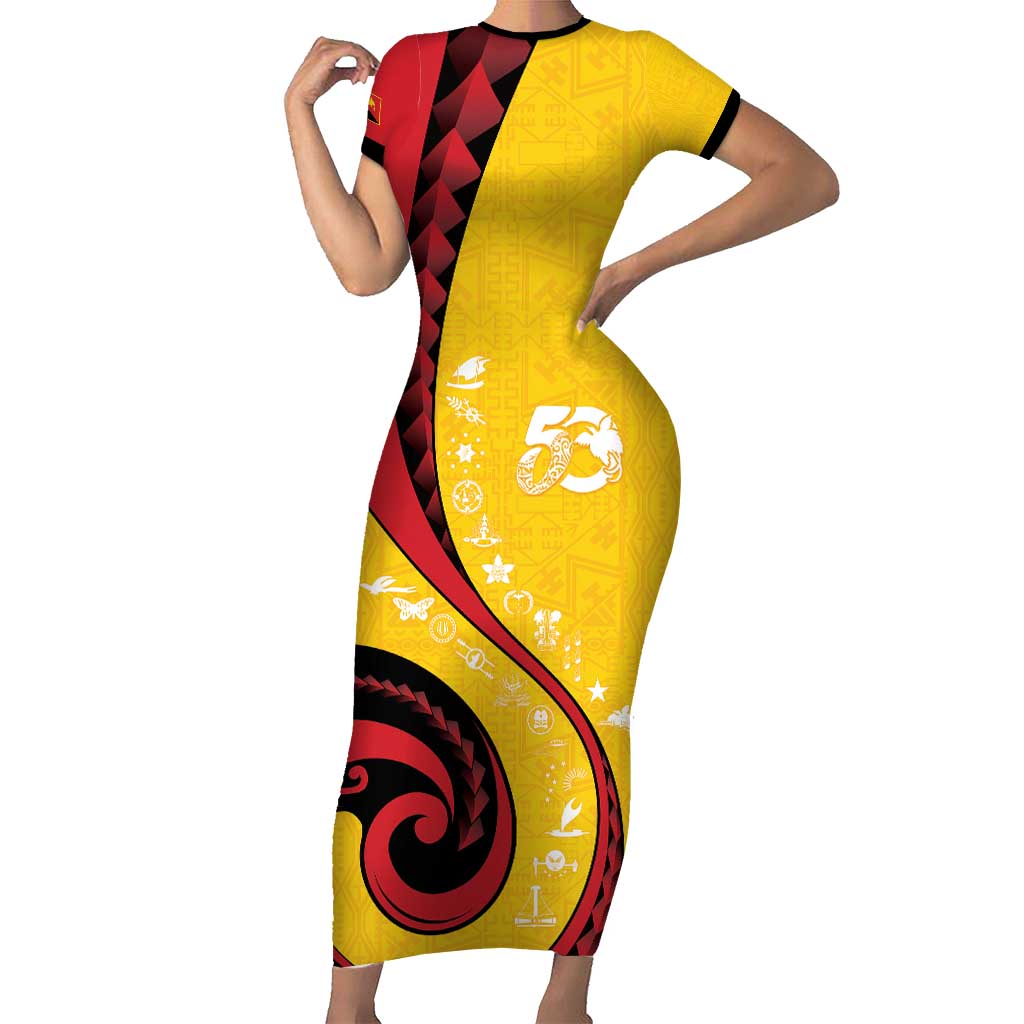 Papua New Guinea 50th Independence Anniversary Family Matching Short Sleeve Bodycon Dress and Hawaiian Shirt Special Style Yellow Version LT05 Mom's Dress Yellow - Polynesian Pride