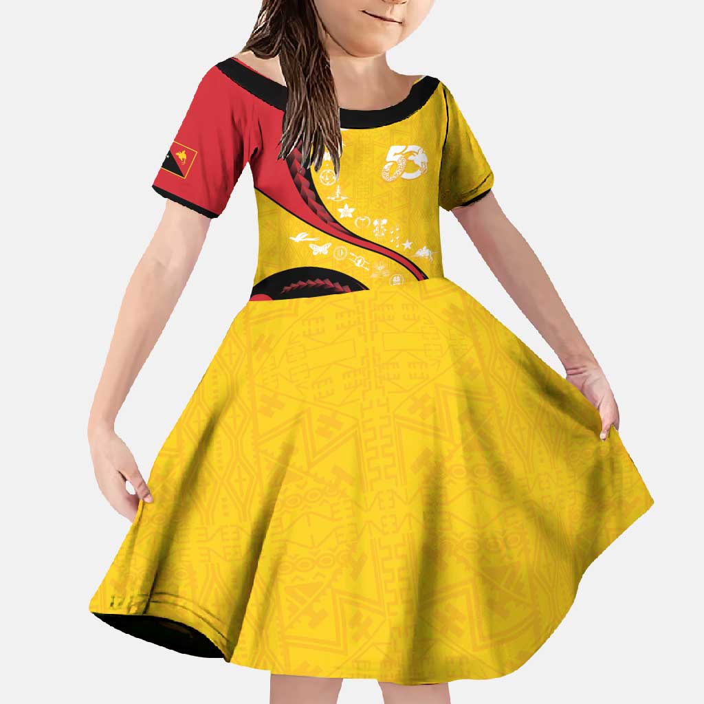 Papua New Guinea 50th Independence Anniversary Family Matching Tank Maxi Dress and Hawaiian Shirt Special Style Yellow Version LT05 Daughter's Dress Yellow - Polynesian Pride