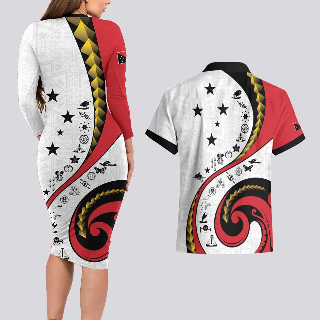 Papua New Guinea 50th Independence Anniversary Couples Matching Long Sleeve Bodycon Dress and Hawaiian Shirt Special Style White Version LT05 - Polynesian Pride