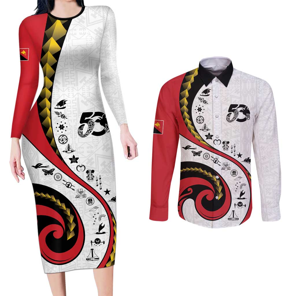 Papua New Guinea 50th Independence Anniversary Couples Matching Long Sleeve Bodycon Dress and Long Sleeve Button Shirt Special Style White Version LT05 White - Polynesian Pride