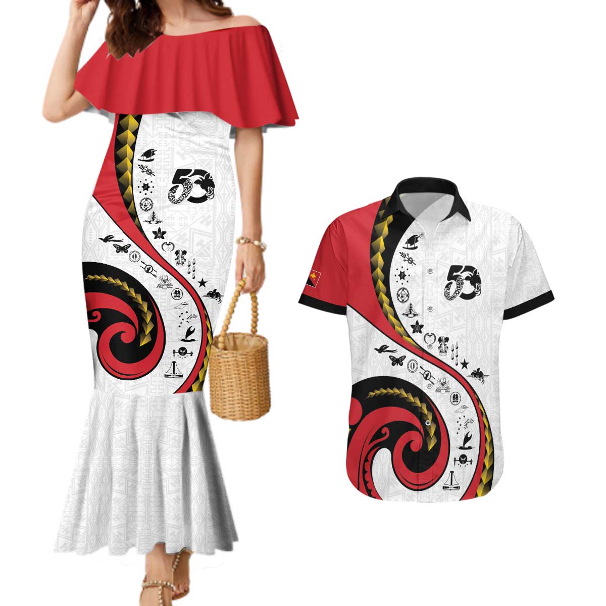 Papua New Guinea 50th Independence Anniversary Couples Matching Mermaid Dress and Hawaiian Shirt Special Style White Version LT05 White - Polynesian Pride