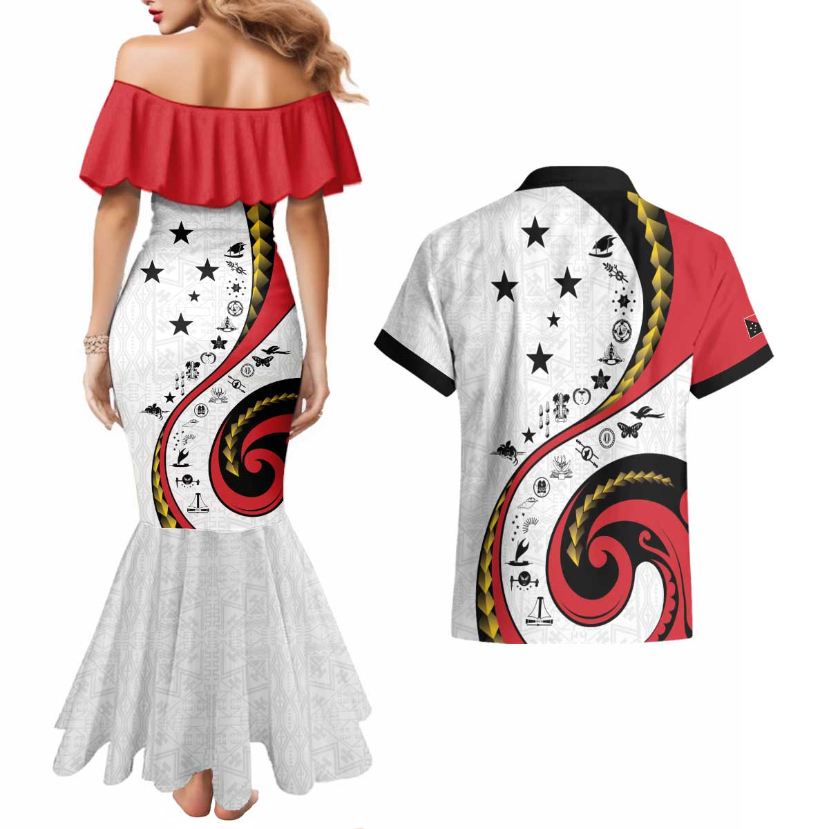 Papua New Guinea 50th Independence Anniversary Couples Matching Mermaid Dress and Hawaiian Shirt Special Style White Version LT05 - Polynesian Pride