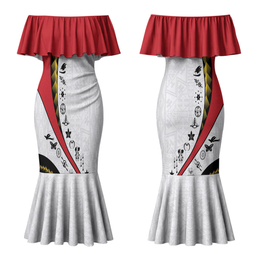 Papua New Guinea Independence Couples Matching Mermaid Dress and Long Sleeve Button Shirt Special Style White Version LT05 - Polynesian Pride