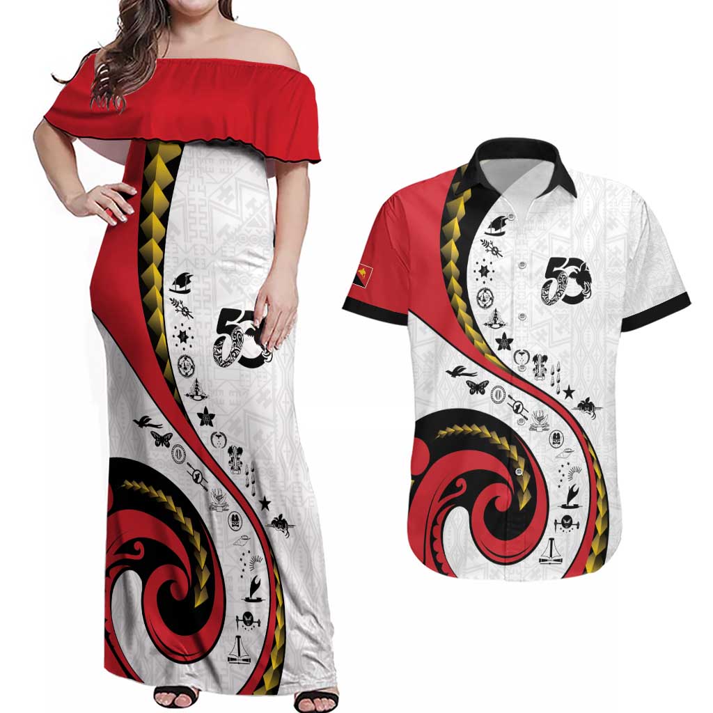 Papua New Guinea 50th Independence Anniversary Couples Matching Off Shoulder Maxi Dress and Hawaiian Shirt Special Style White Version LT05 White - Polynesian Pride