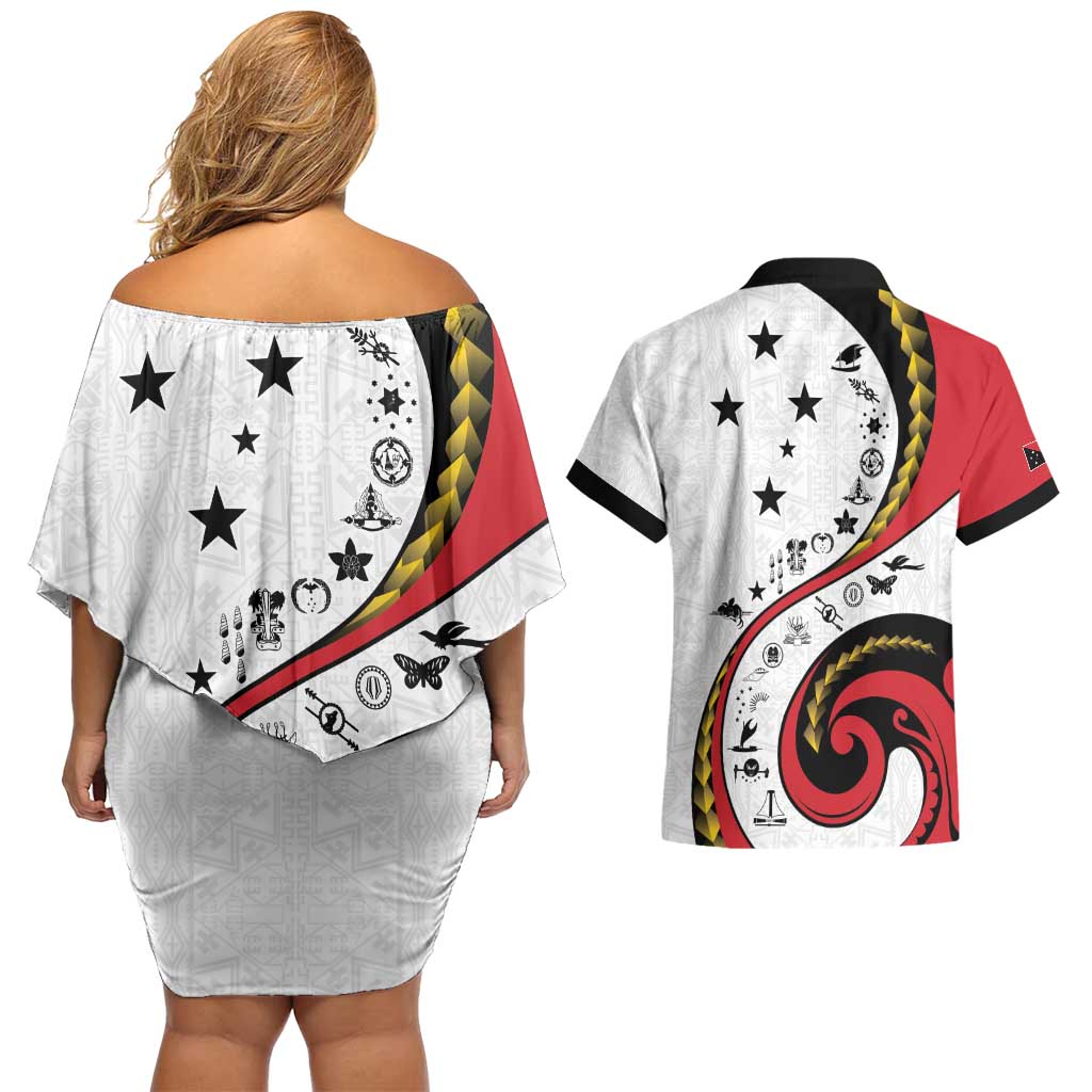 Papua New Guinea 50th Independence Anniversary Couples Matching Off Shoulder Short Dress and Hawaiian Shirt Special Style White Version LT05 - Polynesian Pride